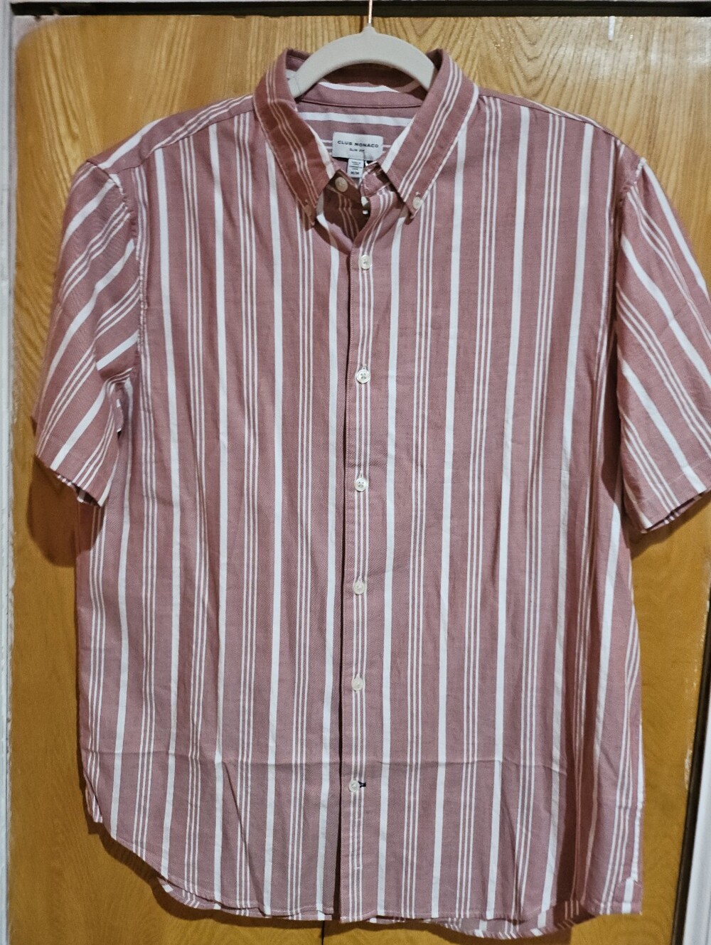 Club Monaco Short-Sleeve Button-Down in Rose and White Stripe
